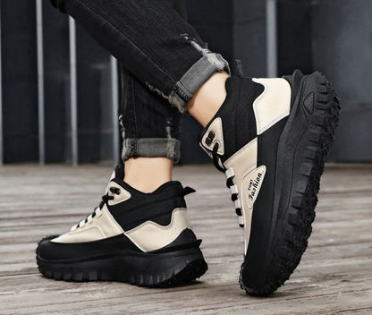 Botas de senderismo de caña media para hombre, en blanco y negro, de cuero impermeable, con plataforma, zapatillas antideslizantes para exterior, calzado informal con suela resistente