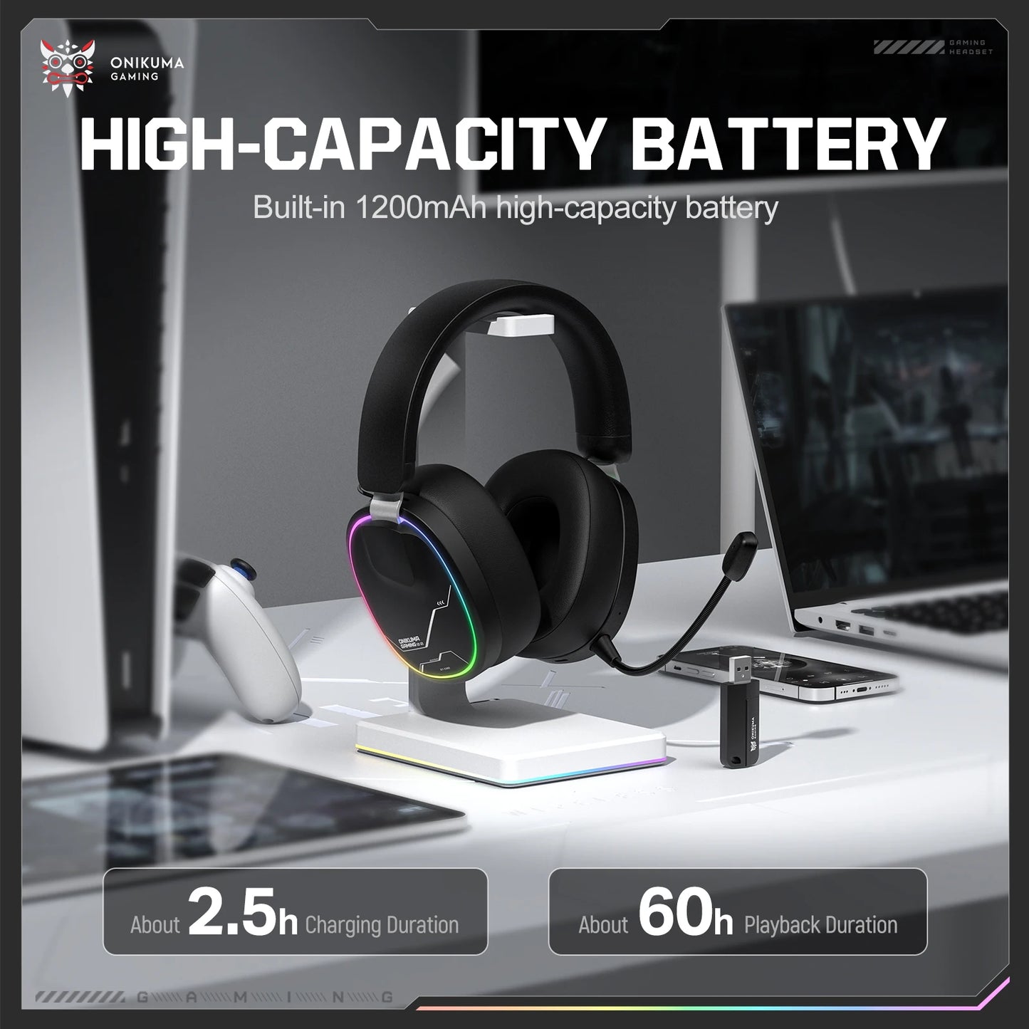 ONIKUMA GT808 Wireless Gaming Headset with 45dB Active Noise Cancelling, Hi-Res Audio, 2.4GHz, Bluetooth 5.3, Wired, 60H Battery for PC, PS5 & Switch