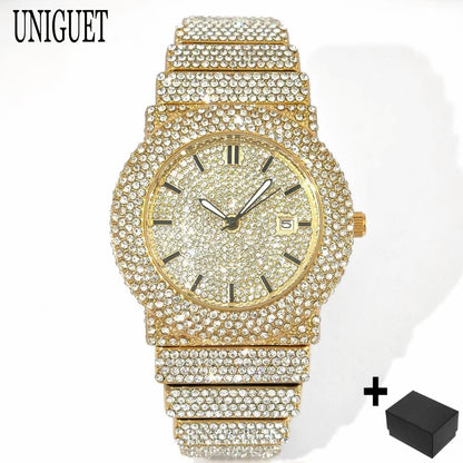 2025 UNIGUET Men's Fashion Iced Watches Luxury Hip Hop Full Diamond Jewelry Quartz Waterproof Business Wrist Watch for Men New