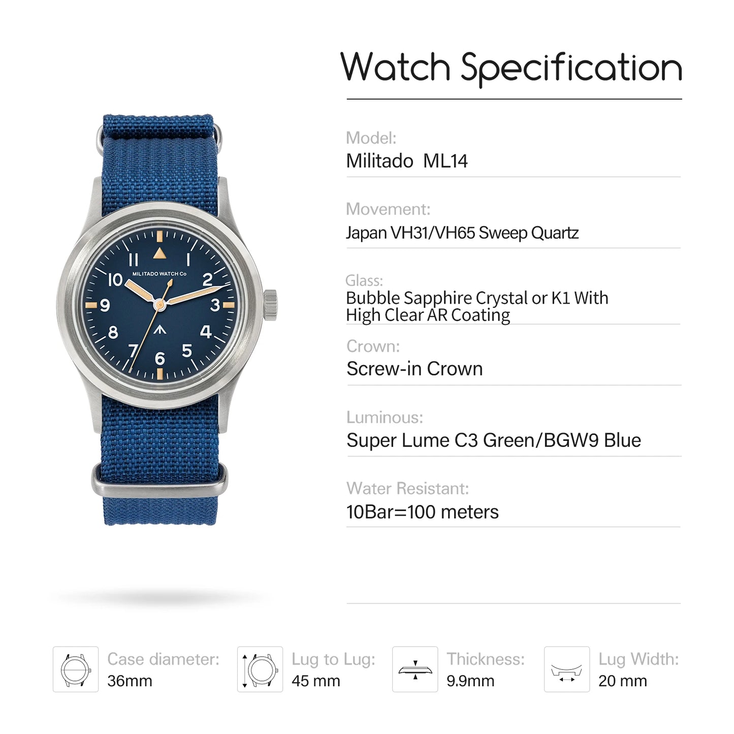 Militado ML14 36mm Watch VH31 Sweep Second Quartz Movement Watch Sapphire Crystal Super Luminous BGW9 C3 100m Waterproof Watches