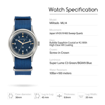 Militado ML14 36mm Watch VH31 Sweep Second Quartz Movement Watch Sapphire Crystal Super Luminous BGW9 C3 100m Waterproof Watches