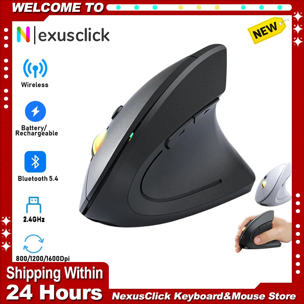 NexusClick Bluetooth Wireless Vertical Mouse, Rechargeable Ergonomic Mouse with 2.4G & Bluetooth, 1600 DPI Adjustable Silent Wireless Mouse for Laptop & PC