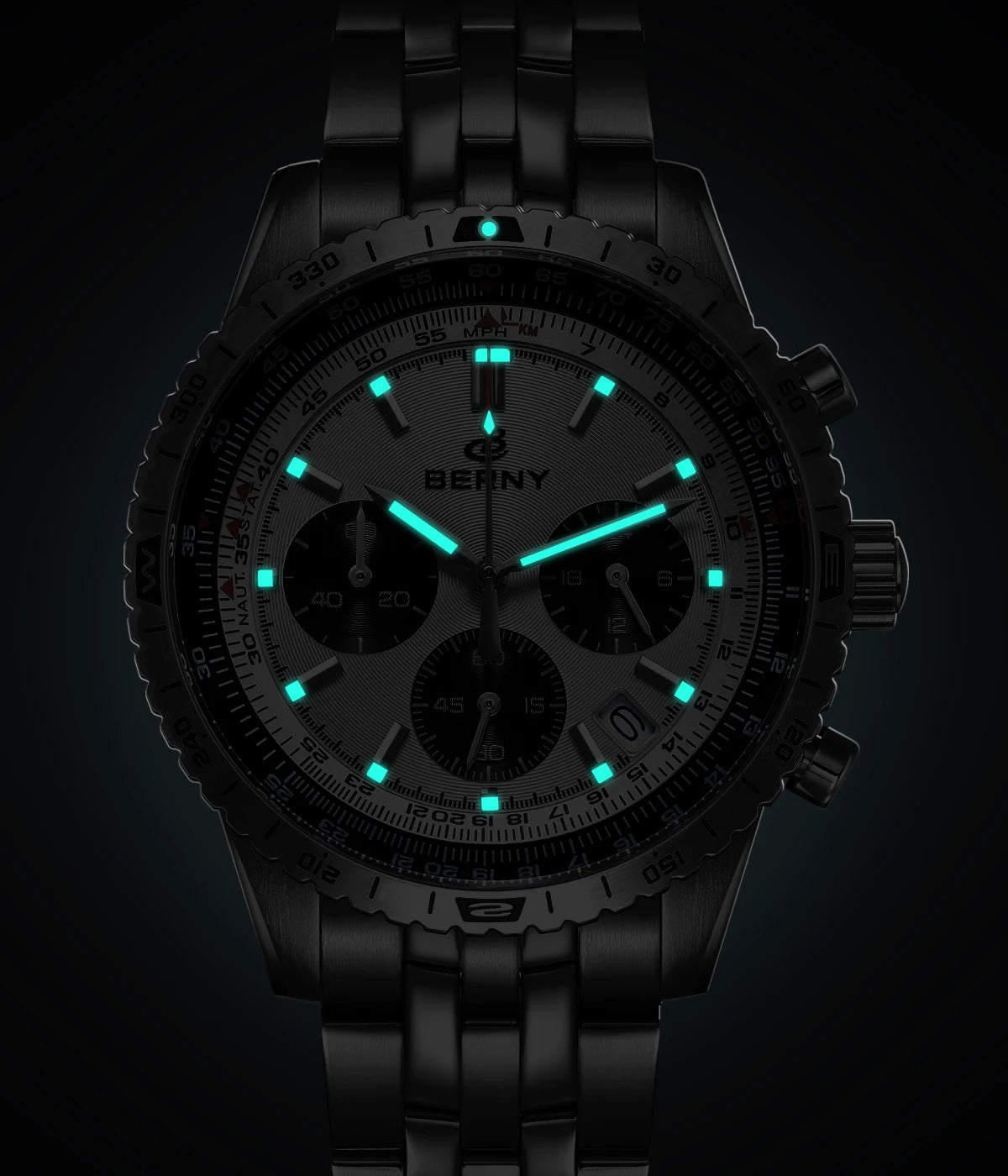 Męski zegarek chronograf BERNY – wielofunkcyjny zegarek kwarcowy w stylu lotniczym, wyposażony w datownik, szafirowe szkło i doskonałą luminescencję – luksusowy męski zegarek na rękę