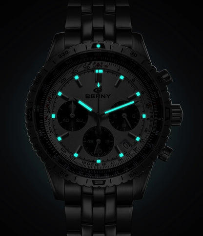 Męski zegarek chronograf BERNY – wielofunkcyjny zegarek kwarcowy w stylu lotniczym, wyposażony w datownik, szafirowe szkło i doskonałą luminescencję – luksusowy męski zegarek na rękę