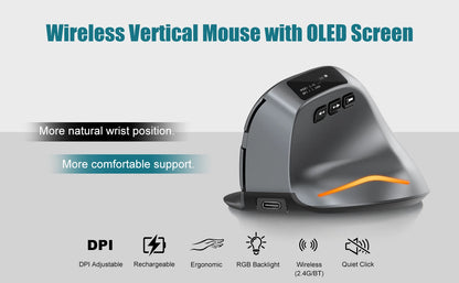 Lefon F26C Vertical Wireless Ergonomic Mouse with OLED Screen, Bluetooth Rechargeable RGB Mouse, 3200 DPI Optical Gaming Mouse for PC & Laptop