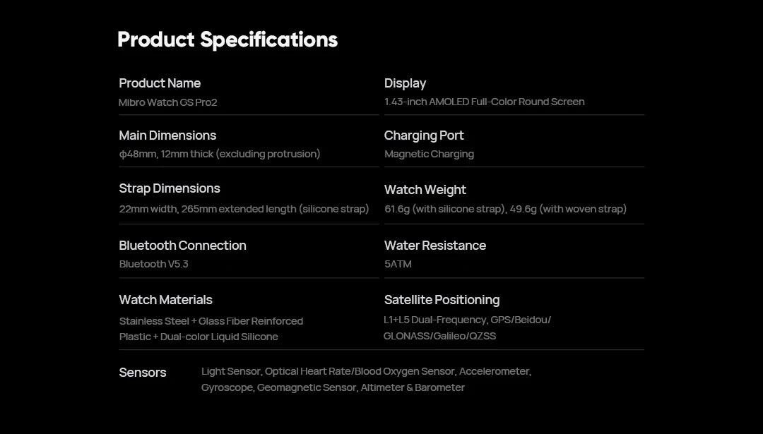 Mibro GS Pro2 Smartwatch 1.43'' AMOLED Screen 5ATM Waterproof Bluetooth Calling GPS 150 Sports Modes Smart Watch for Men Women
