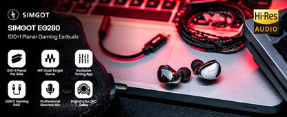 SIMGOT EG280 HiFi Wired IEM Earphones 1DD+1 Planar Hybrid Driver Gaming Earbuds with USB-C DAC, Detachable 2Pin OFC Cable