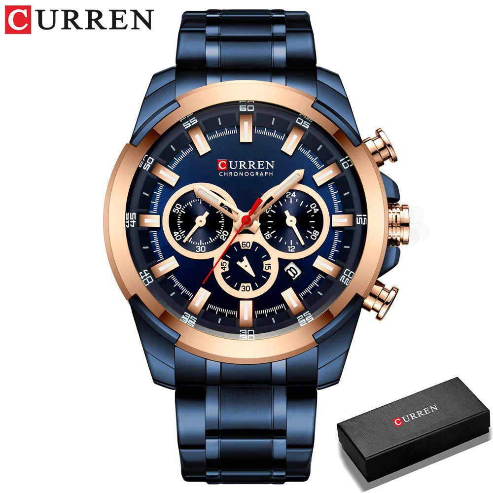 Pánské chronografové hodinky CURREN, velký ciferník o průměru 48 mm, náramek z nerezové oceli, tři pomocné ciferníky, sportovní náramkové hodinky s quartzovým strojkem, luxusní styl