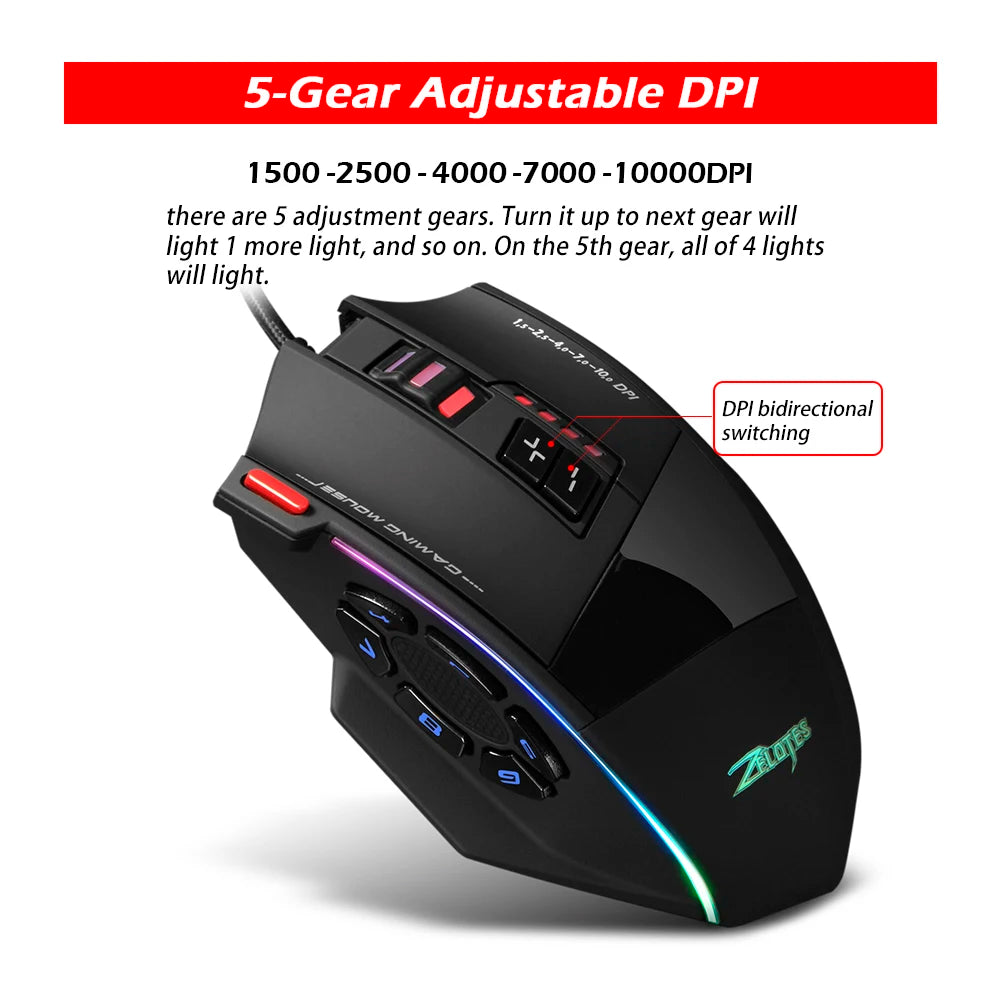 ZELOTES C13 Wired Gaming Mouse 10000 DPI RGB Programmable Gaming Mouse with 13 Buttons for PC & Laptop