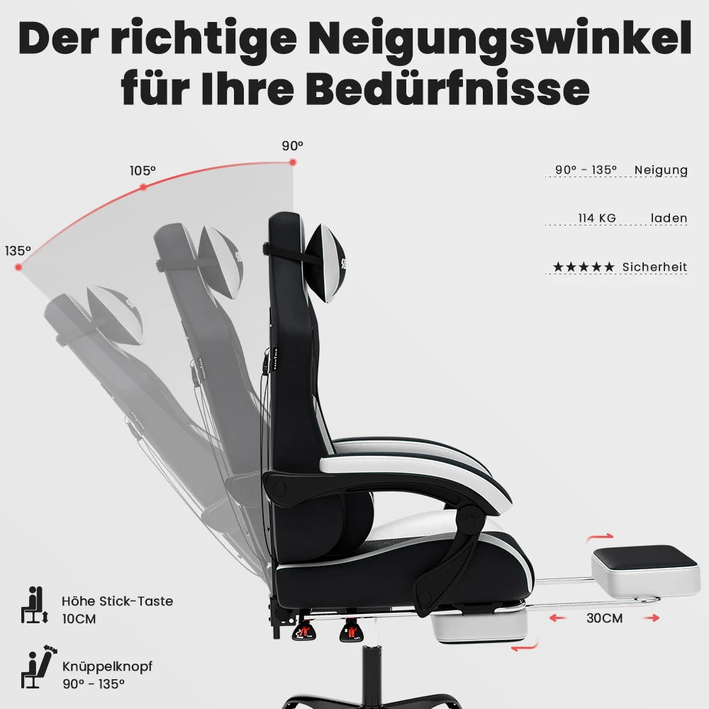 SUKIDA Ergonomischer Racing-Gaming-Stuhl, verstellbar und drehbar, mit Kopfstütze und Lendenwirbelstütze für Büro und Gaming