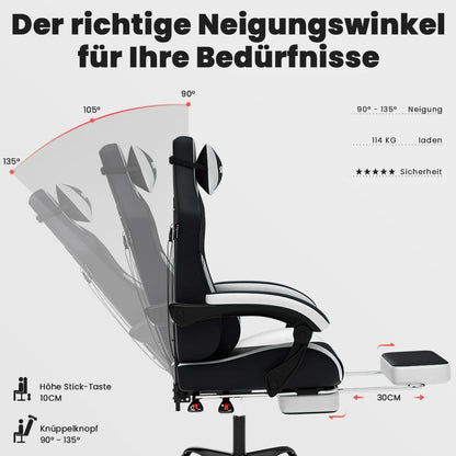 SUKIDA Ergonomischer Racing-Gaming-Stuhl, verstellbar und drehbar, mit Kopfstütze und Lendenwirbelstütze für Büro und Gaming