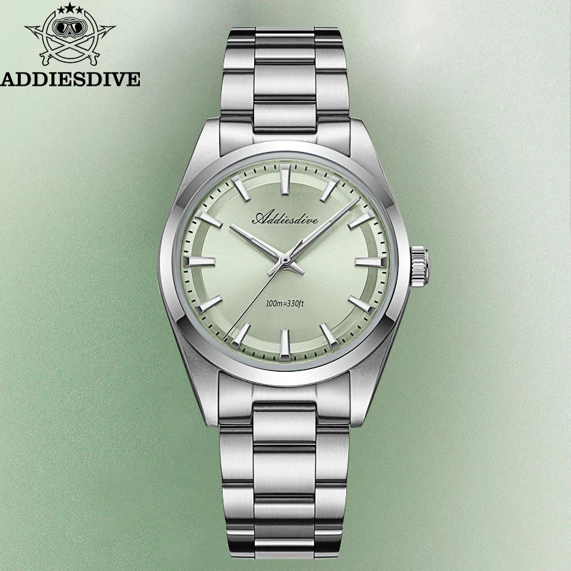 ADDIESDIVE herenhorloge van staal, luxe uitvoering, voorzien van een gewelfd glas, een quartz uurwerk en een blauwe lichtgevende coating BGW9; waterdicht tot 100 ATM, analoge weergave – Model AD2066