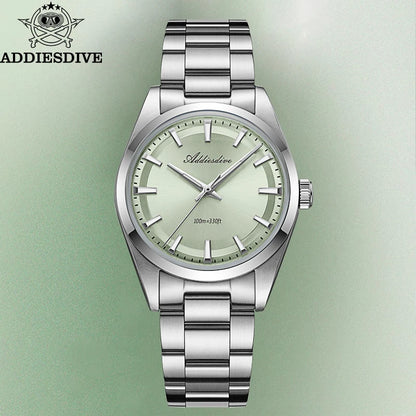 ADDIESDIVE herenhorloge van staal, luxe uitvoering, voorzien van een gewelfd glas, een quartz uurwerk en een blauwe lichtgevende coating BGW9; waterdicht tot 100 ATM, analoge weergave – Model AD2066