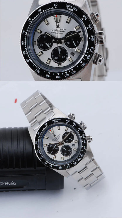 Tactical Frog Men's Business Diving Watch VS75B Quartz Chronograph 316L Steel Sapphire 200M Waterproof C3 Luminous Mens Watch