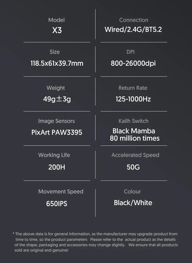 ATTACK SHARK X3 Ultra-Light Wireless Gaming Mouse, Tri-Mode Bluetooth & 2.4G, PAW3395 26000 DPI, 55g Rechargeable Gaming Mouse for PC, Mac, PS & Xbox