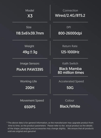 ATTACK SHARK X3 Ultra-Light Wireless Gaming Mouse, Tri-Mode Bluetooth & 2.4G, PAW3395 26000 DPI, 55g Rechargeable Gaming Mouse for PC, Mac, PS & Xbox