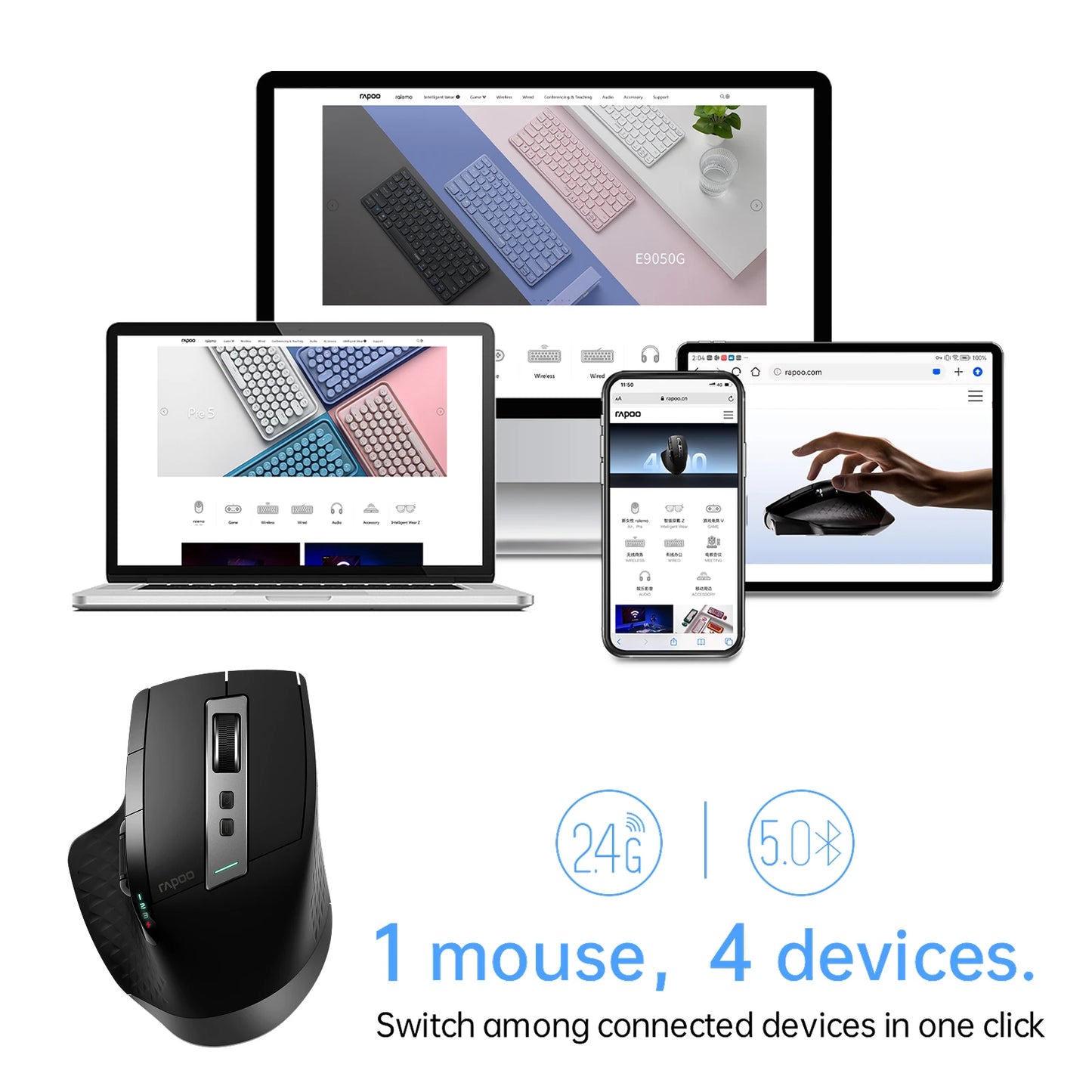 Rapoo MT710L Multi-Mode Rechargeable Wireless Mouse, Bluetooth Wireless Mouse with 4000 DPI, Ergonomic Multi-Device Mouse for Up to 4 Devices