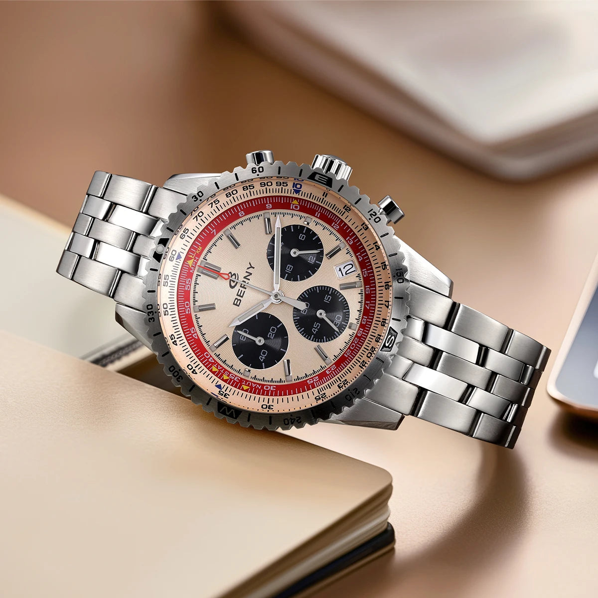 Męski zegarek chronograf BERNY – wielofunkcyjny zegarek kwarcowy w stylu lotniczym, wyposażony w datownik, szafirowe szkło i doskonałą luminescencję – luksusowy męski zegarek na rękę