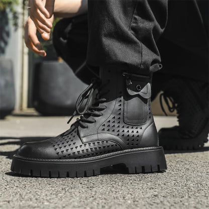 Non-Slip Men's High Top Casual Leather Shoes Street Style Motorcycle Boots New Stylish Ankle Boots Thick Bottom Walking Footwear