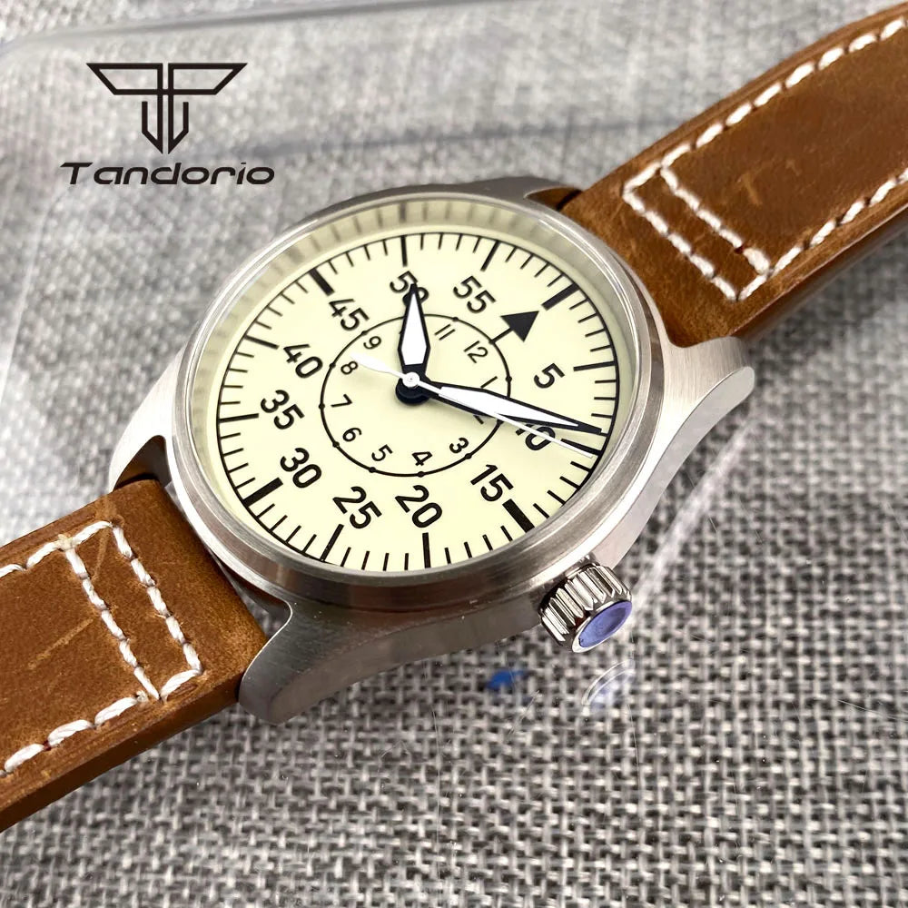 Tandorio Full Luminous Dial 39mm Men's Mechanical Pilot Watch Automatic Miyota 8215 PT5000 Steel Wristwatch AR Sapphire Crystal