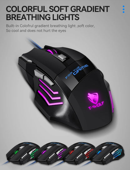 T-WOLF M1 Wired Gaming Mouse 7-Button RGB Backlit Ergonomic USB Gaming Mouse for PC Gamers with Adjustable DPI