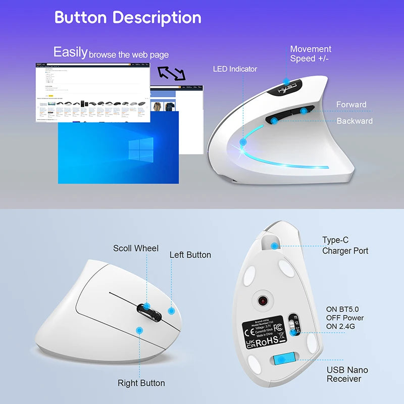 Rechargeable Bluetooth Vertical Mouse Dual-Mode Wireless Silent Gaming Mouse for Windows, Mac OS & Laptop, Ergonomic 2400 DPI Computer Mouse