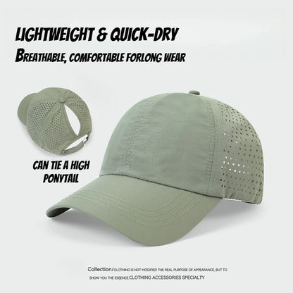 1 unidad de gorras de béisbol con lengüeta de secado rápido para mujer, protección de verano, malla transpirable, gorra transpirable, elegante y ajustable, ideal para llevar la coleta.