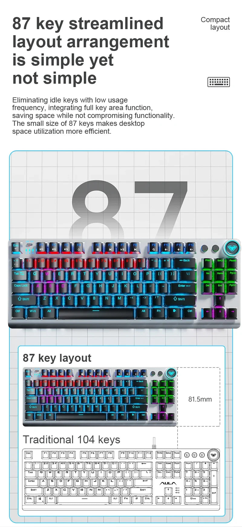 AULA F3001 Mechanical Keyboard Bluetooth Wireless Three Mode Metal Panel Two-color Injection Molding Cool Backlight Effect 87Key
