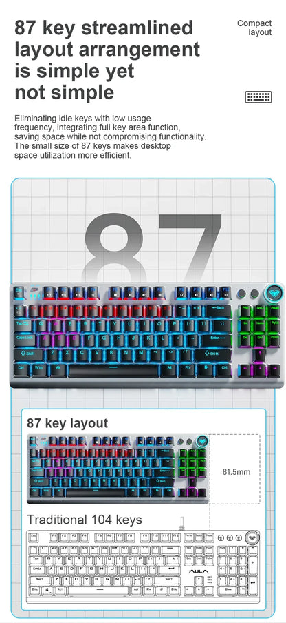 AULA F3001 Mechanical Keyboard Bluetooth Wireless Three Mode Metal Panel Two-color Injection Molding Cool Backlight Effect 87Key