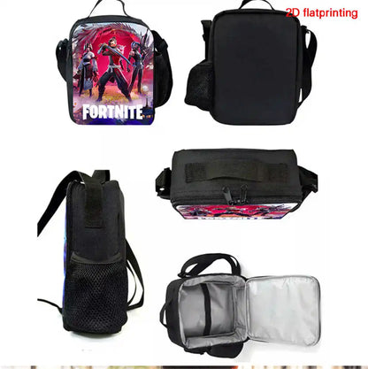 Conjunto Fortnite Cartoon de 3 peças, grande capacidade, adequado para rapazes e raparigas dos 5 aos 8 anos, inclui mochila, lancheira e estojo