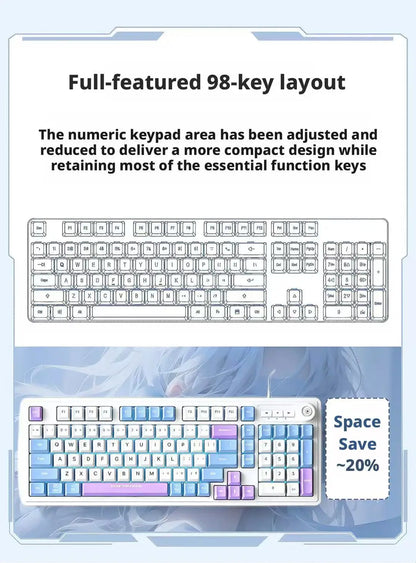 Kablet gaming-tastatur med mekanisk tastfølelse og drejeknap samt trefarvet blandet baggrundsbelysning til PC, stationær computer og bærbar computer – tilbehør