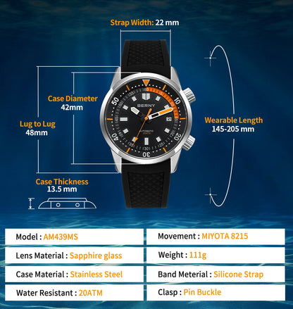 BERNY Men's Dive Watches 200M Waterproof Super Luminous Automatic Mechanical Diver Watch 42mm Sapphire Swim Diving Wristwatch