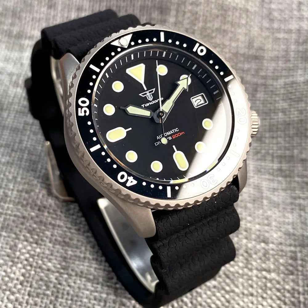 Titanium Diver NH35A Black Automatic 200M Men Watch Sapphire Glass 3.8 o'clock Date Rubber Black Ceramic Bezel