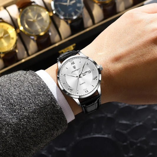Montre homme tendance POEDAGAR, bracelet en cuir, date et semaine, montre à quartz de luxe, étanche, lumineuse, style business décontracté.