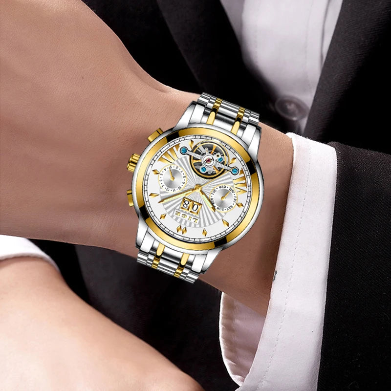 Pánské mechanické náramkové hodinky s automatickým nátahem LIGE – luxusní hodinky nejvyšší třídy s tourbillonem, elegantní a vodotěsný model, ideální pro práci i formální příležitosti.