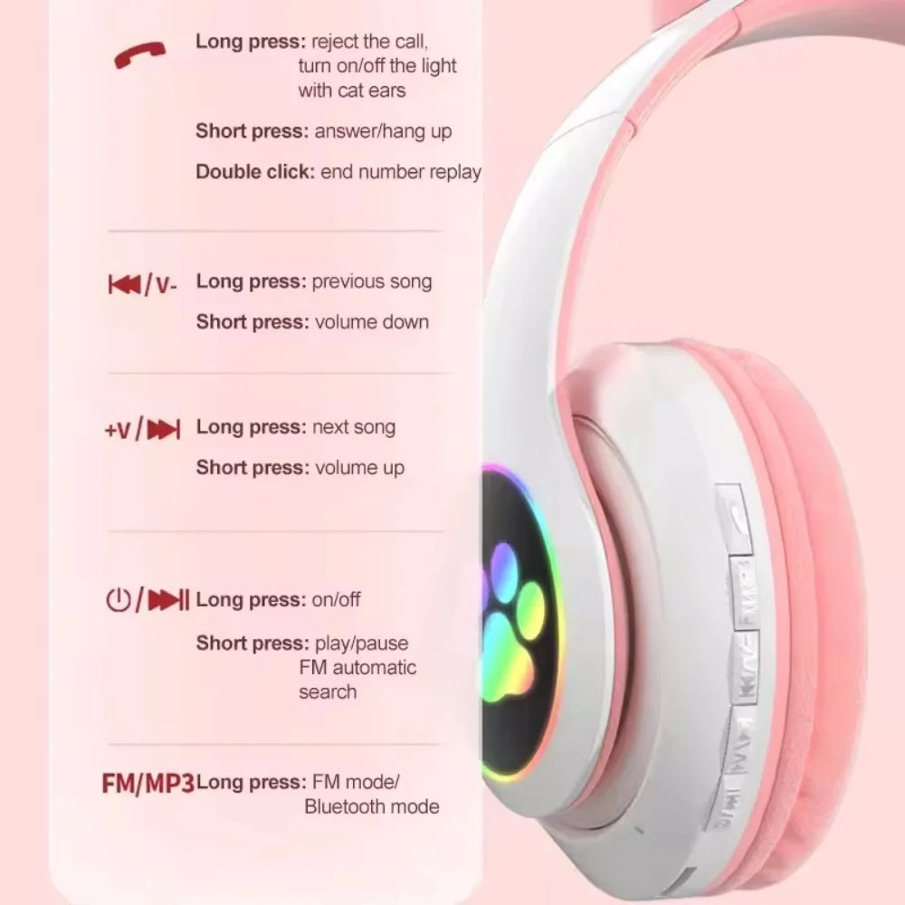 Cute Cat Ear Bluetooth Wireless Headphones with LED Lights – Kids Foldable Stereo Headset with Microphone, Bluetooth 5.0 Gaming & Music Headphones