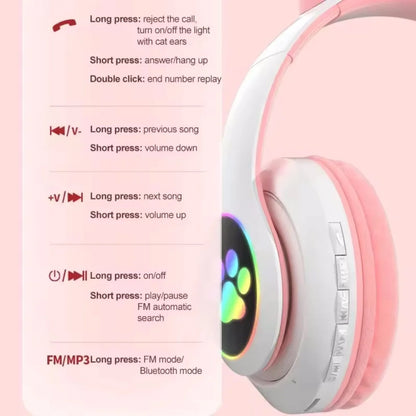 Cute Cat Ear Bluetooth Wireless Headphones with LED Lights – Kids Foldable Stereo Headset with Microphone, Bluetooth 5.0 Gaming & Music Headphones