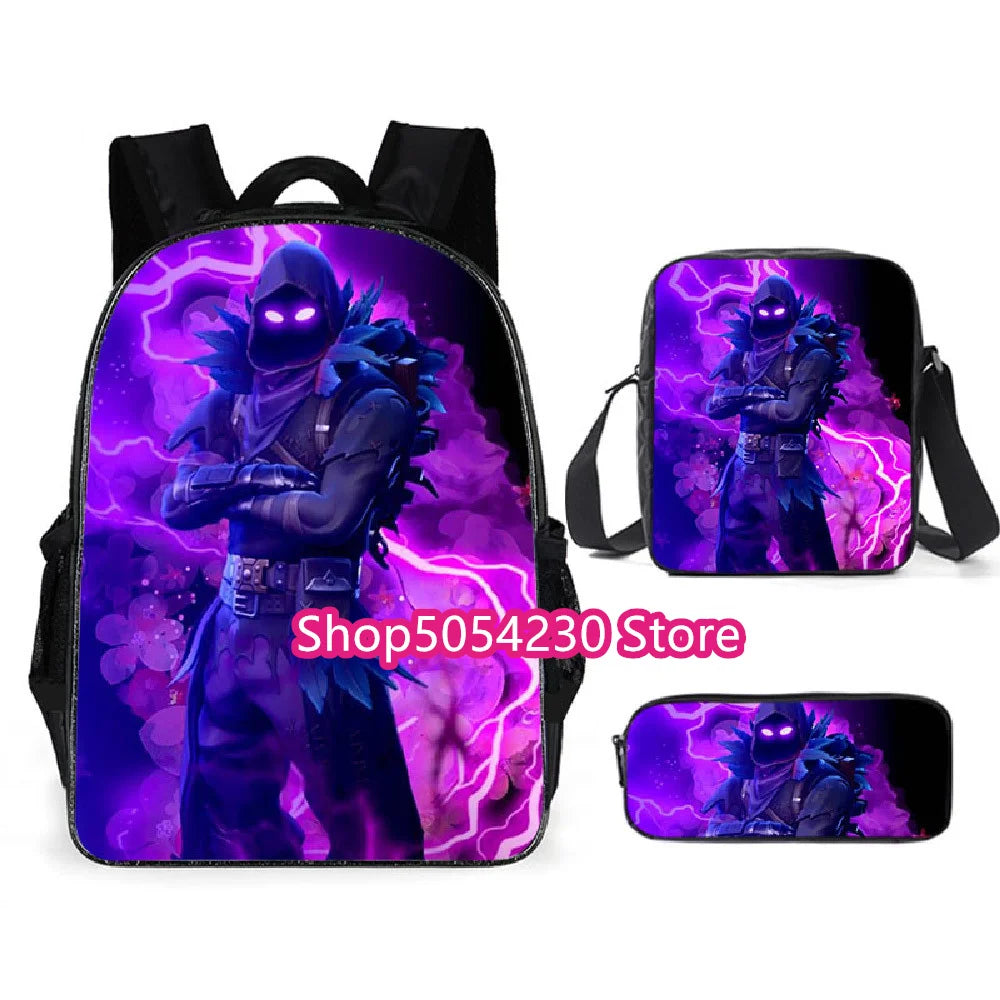 Conjunto de Mochila Fortnited 3PCS para Adolescentes e Estudantes, Saco de Viagem Fortress Night, Mochila Escolar 3D de Jogos Populares