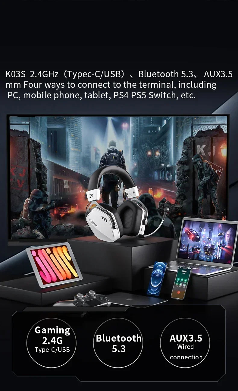 XIBERIA Wireless Gaming Headphones K03S Pro 7.1 Surround Sound Headset with Mic, Low Latency 2.4GHz Gamer Headphones, Long Battery Life Gaming Headset