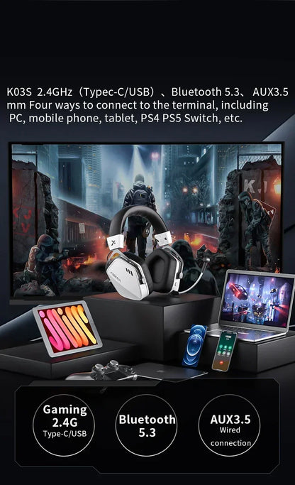 XIBERIA Wireless Gaming Headphones K03S Pro 7.1 Surround Sound Headset with Mic, Low Latency 2.4GHz Gamer Headphones, Long Battery Life Gaming Headset