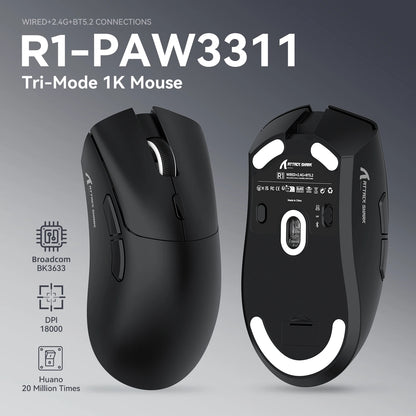 ATTACK SHARK R1 Tri-Mode Gaming Mouse, 59g Ultralight Wireless Gaming Mouse, PixArt PAW3311 Sensor, 18000 DPI, Bluetooth, 2.4GHz & Wired RGB Gaming Mouse