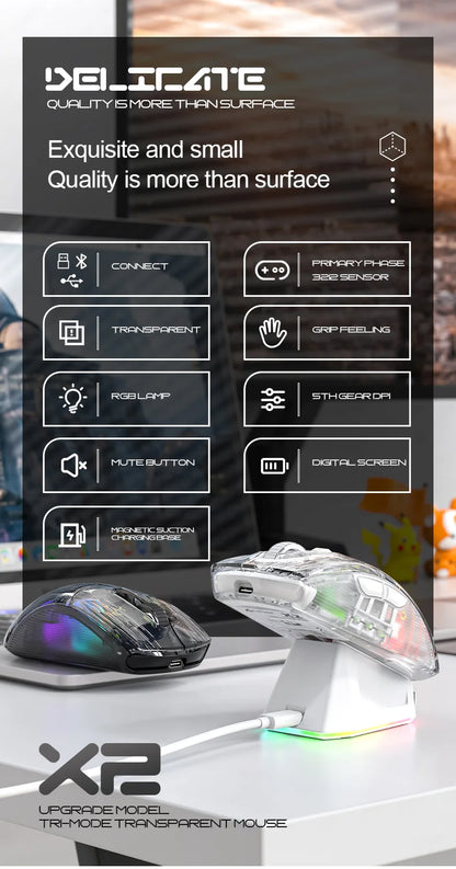 Attack Shark X2PRO Bluetooth Mouse Tri-Mode Wireless RGB Gaming Mouse with Magnetic Charging Dock, Transparent Design, Battery Indicator for PC, Laptop & Mobile