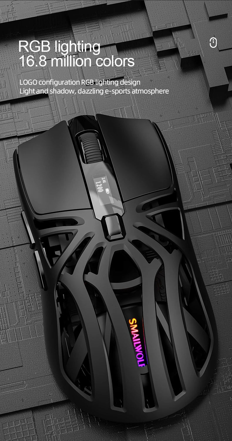 SMAILWOLF RS8 Gaming Mouse Bluetooth Wireless Tri-Mode Lightweight RGB Gaming Mouse with 11200 DPI, Rechargeable Ergonomic Gaming Mouse for PC, Laptop & Mobile