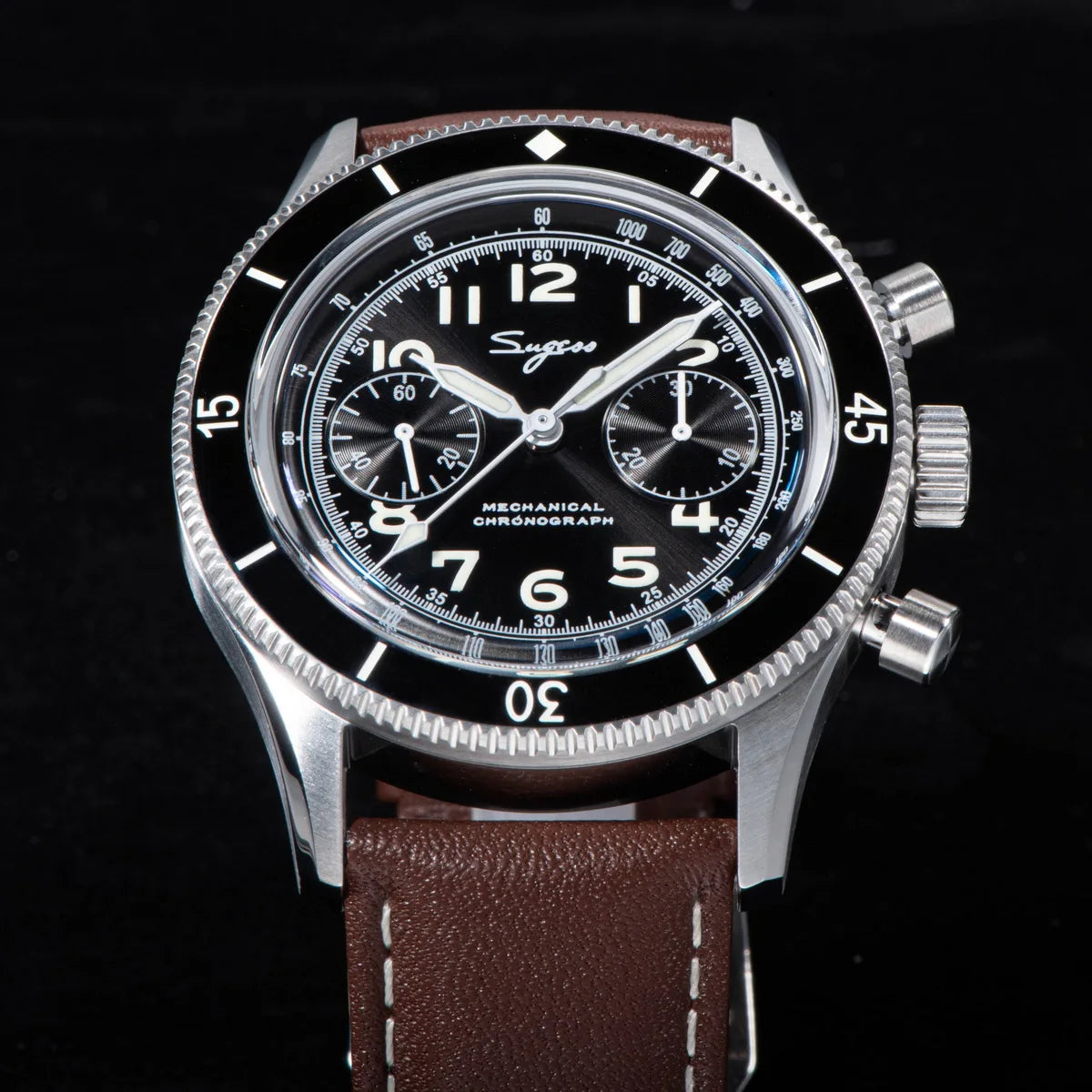 Sugess Pilot Watch Handwind Chronograph Mechanical Wristwatches Luminous Skeleton Men Watches Crystal Sapphire Leather New 2022