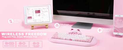 YUNZII C68 Pink 65% Hi-Fi Cute Cat Silicone Hot Swap NKRO  Ergonomic Wireless BT5.0/2.4G/Wired RGB Mechanical Gaming Keyboard