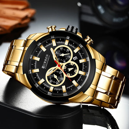 Pánské chronografové hodinky CURREN, velký ciferník o průměru 48 mm, náramek z nerezové oceli, tři pomocné ciferníky, sportovní náramkové hodinky s quartzovým strojkem, luxusní styl