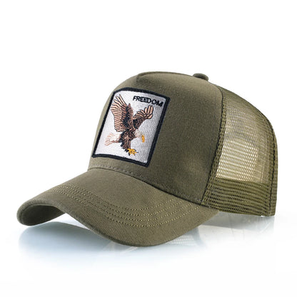 Gorras de camionero de moda con parche bordado de cabra. Gorra de béisbol Snapback «Four Seasons» para hombre y mujer, con visera ajustable.