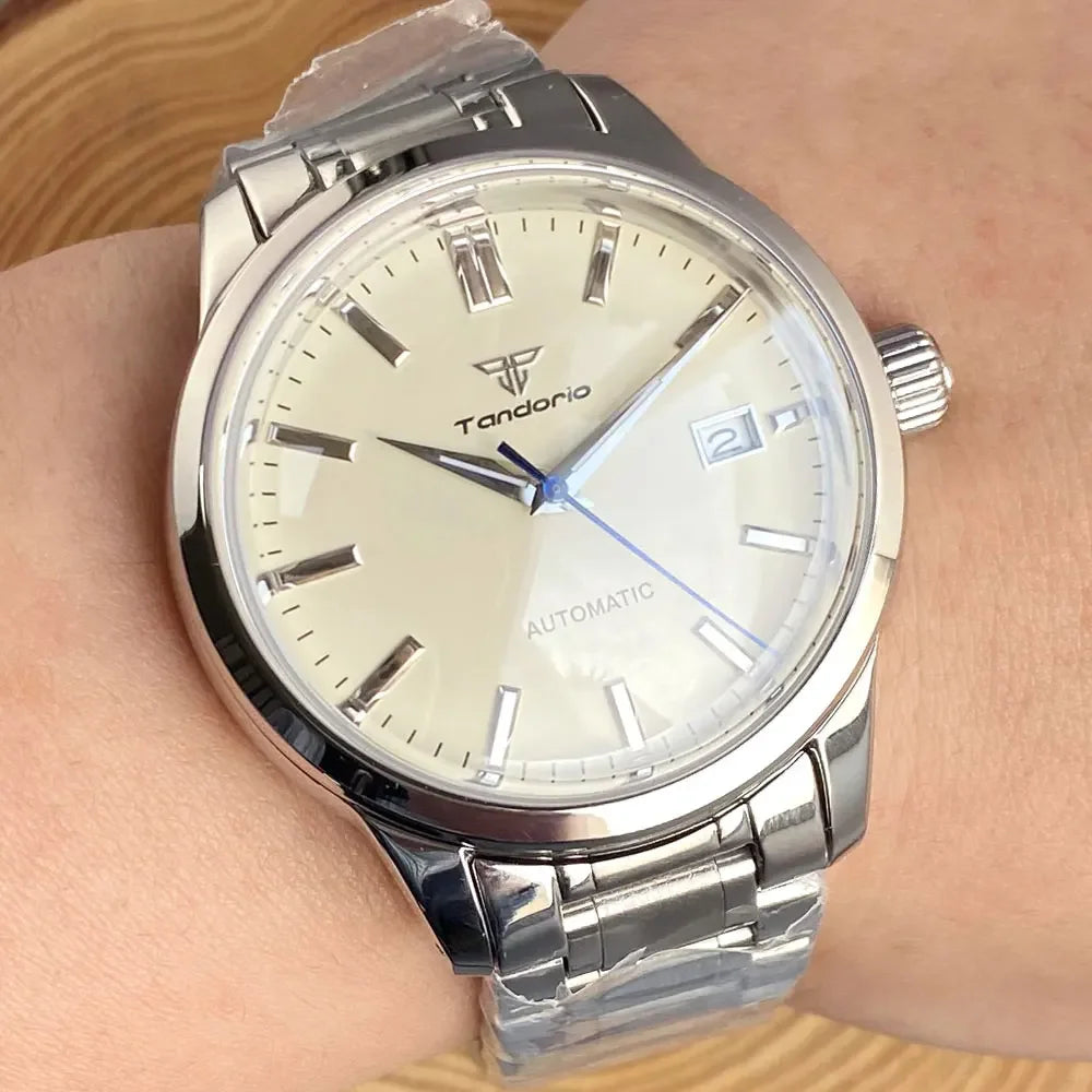 Tandorio 40mm Japanese NH35 Automatic 200M Diving Watch Men Beige Dial Bubble Sapphire Polished Case Glass Back Screw Crown