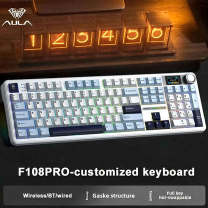 AULA F108 PRO Wireless Mechanical Keyboard 3 Mode RGB Backlit Gaming Keyboard With Screen 8000mAh Battery 104 Keys Hot Swappable