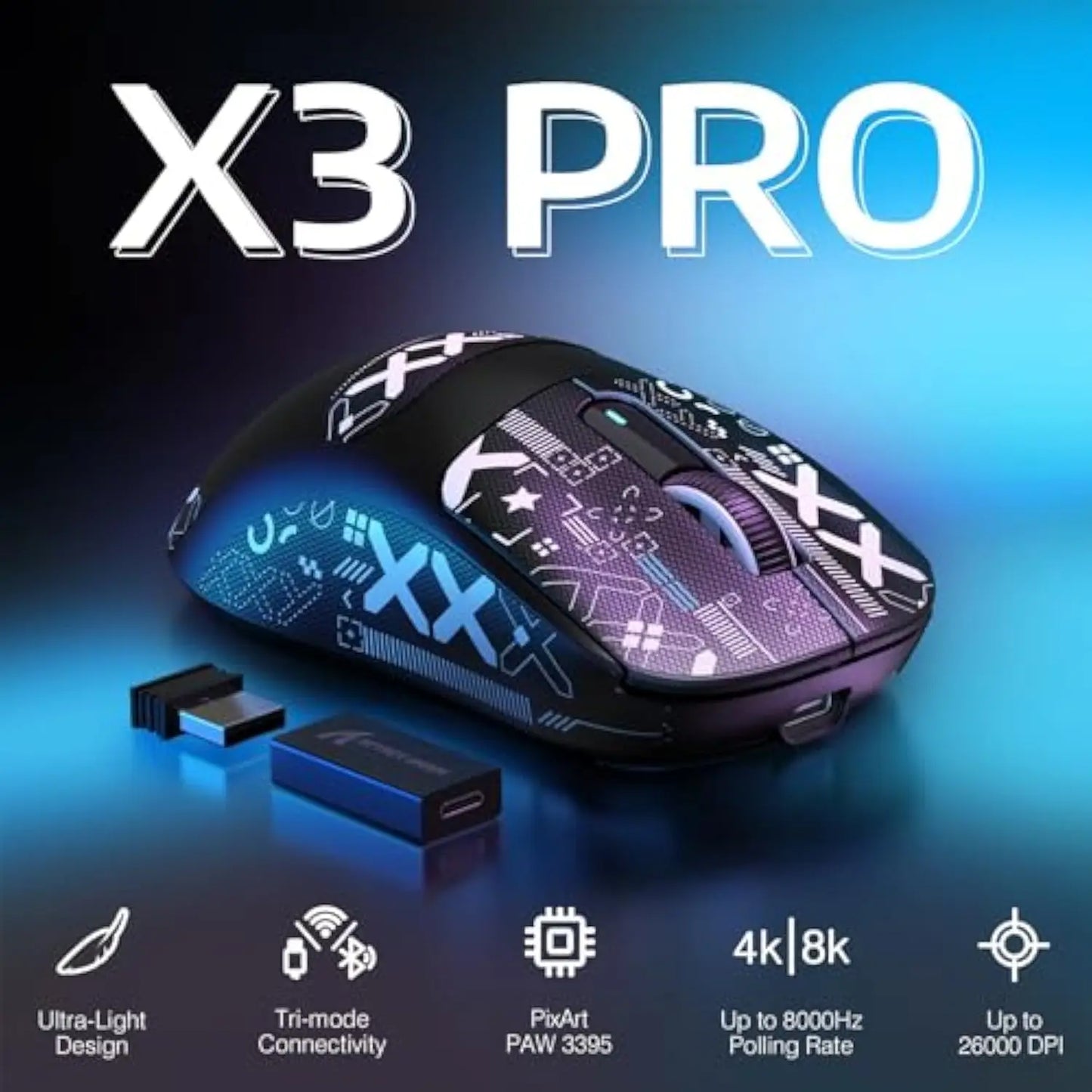 Attack Shark X3Pro bezdrôtová Bluetooth herná myš PixArt PAW3395 26000dpi optická myš s trojrežimovým pripojením a makrami